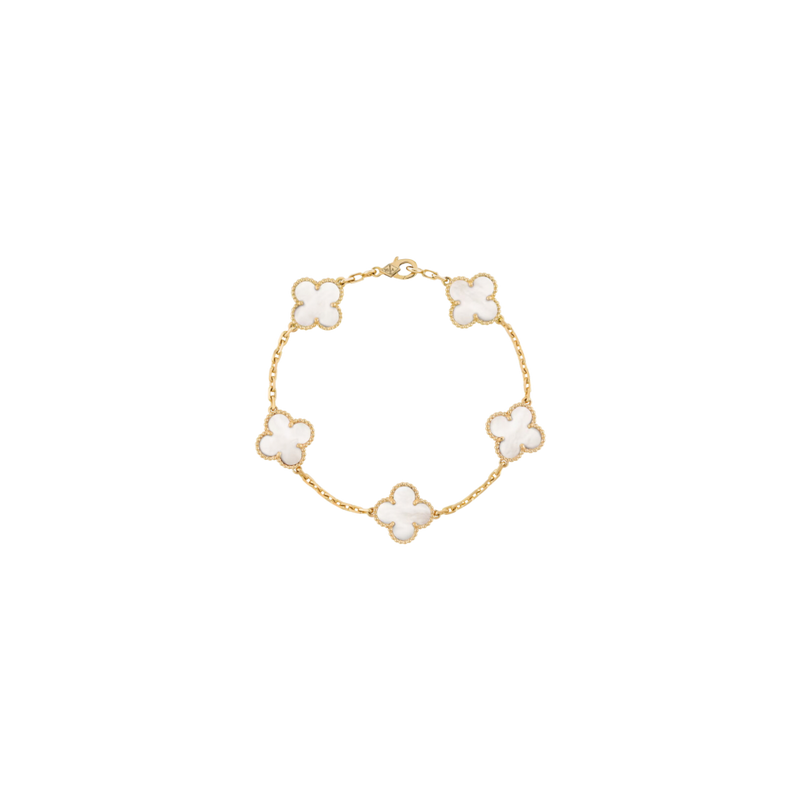 Vintage Alhambra 5 Motif 18K Yellow Gold Mother of Pearl Bracelet