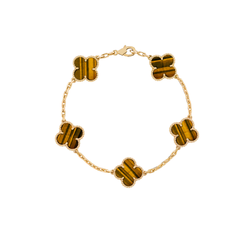 Vintage Alhambra 5 Motif 18K Yellow Gold Tiger-Eye Bracelet