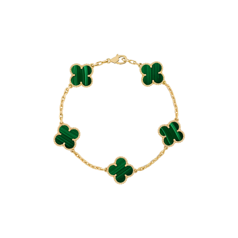 Vintage Alhambra 5 Motif 18K Yellow Gold Malachite Bracelet